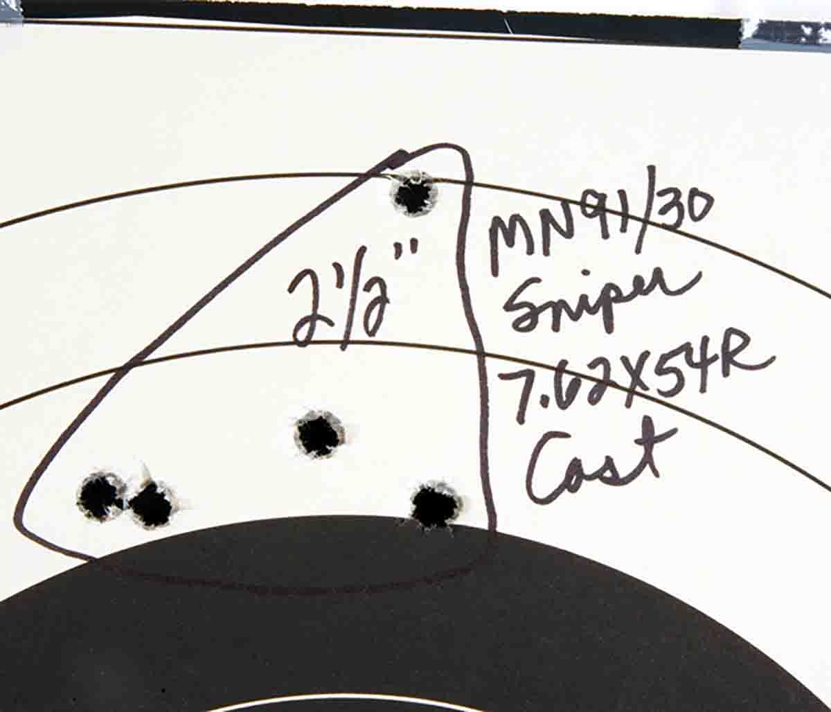 Properly processed cast bullets will perform well. This was the first cast bullet group Mike shot at 100 yards from a World War II vintage Mosin-Nagant Model 91/30 sniper rifle.